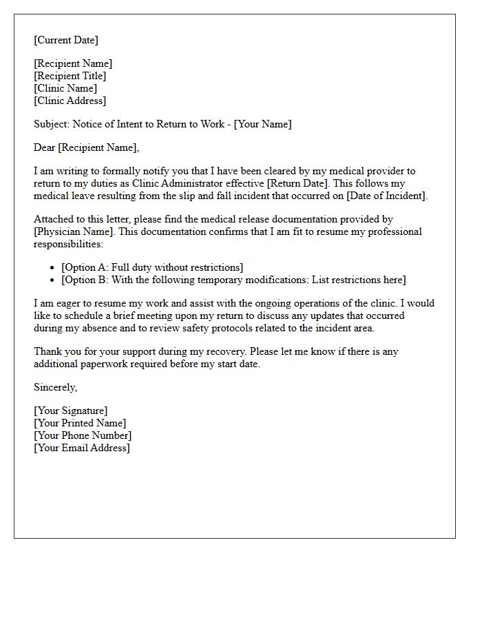 Clinic Administrator Return To Work Letter Following Slip And Fall
