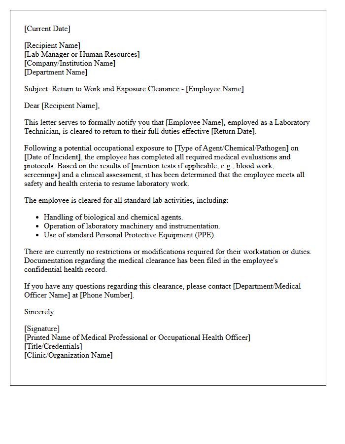 Laboratory Technician Return To Work Letter With Exposure Clearance