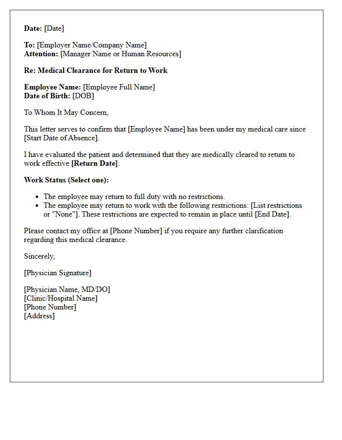Medical Clearance for Return to Work Letter