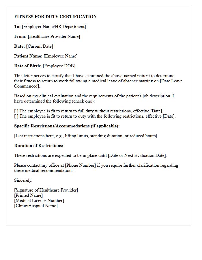 Fitness for Duty Certification Letter