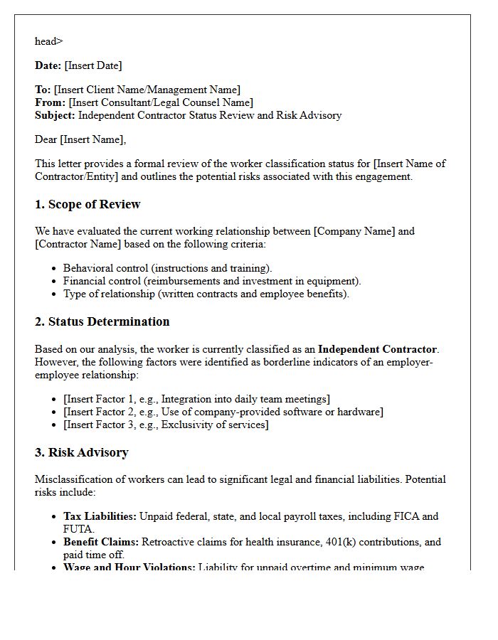 Independent Contractor Status Review and Risk Advisory Letter