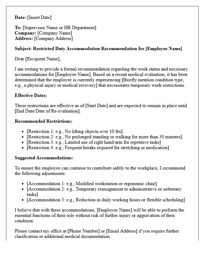 Restricted Duty Accommodation Recommendation Letter