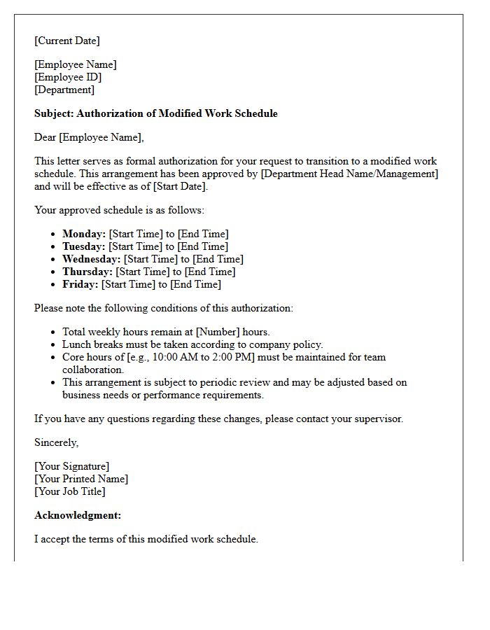 Modified Work Schedule Authorization Letter