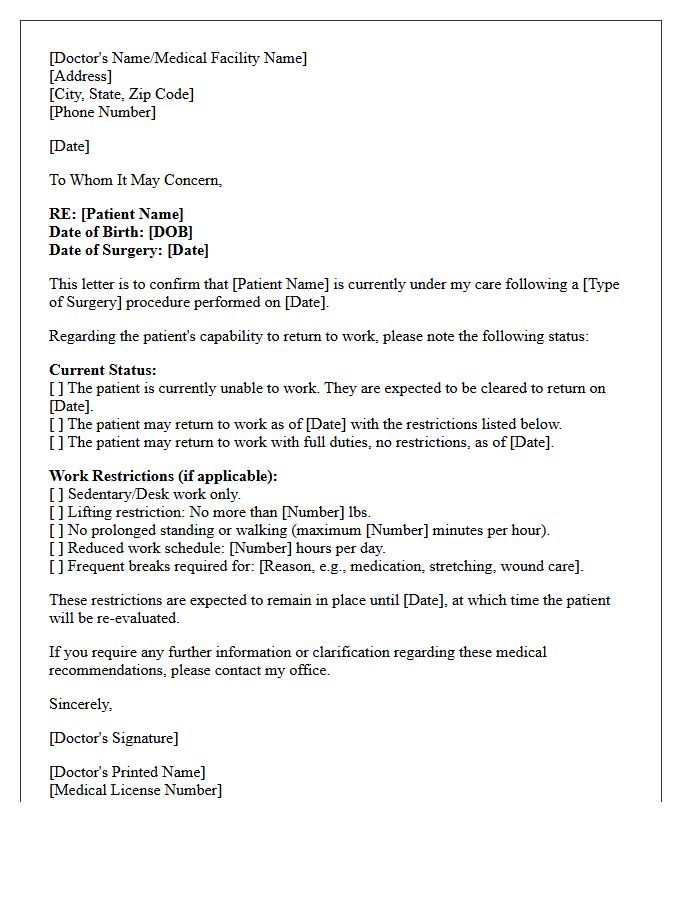 Post-Surgical Recovery and Work Capability Letter