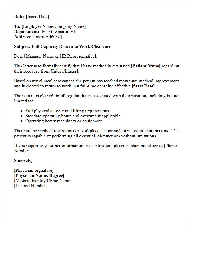 Full Capacity Return to Work Clearance Letter