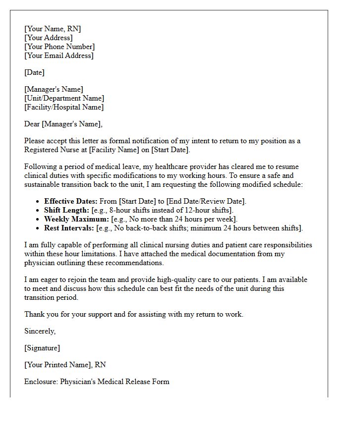 Registered Nurse Return to Work with Modified Hours Letter
