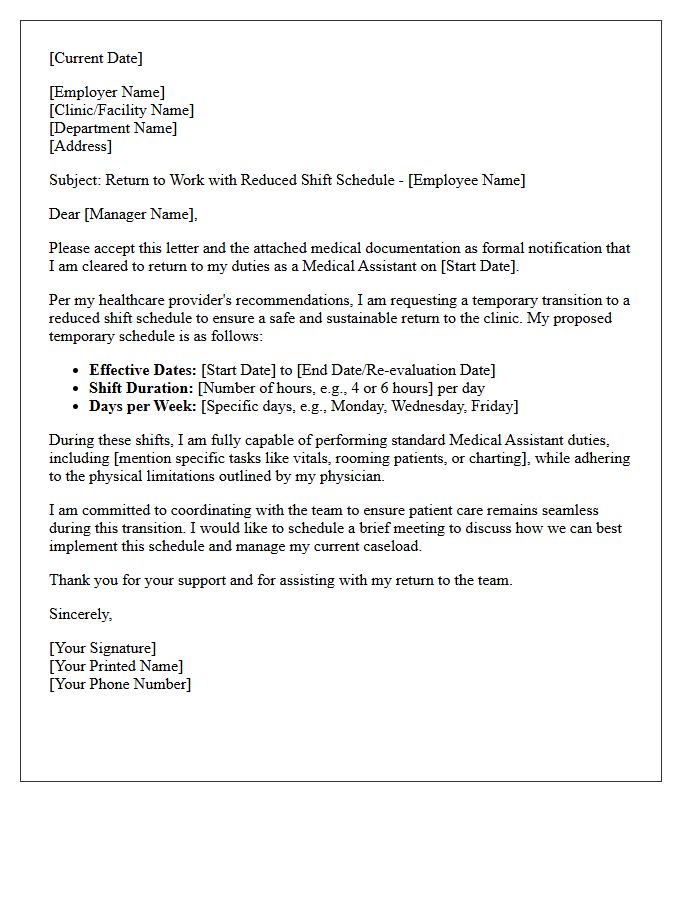 Medical Assistant Reduced Shift Return to Work Letter