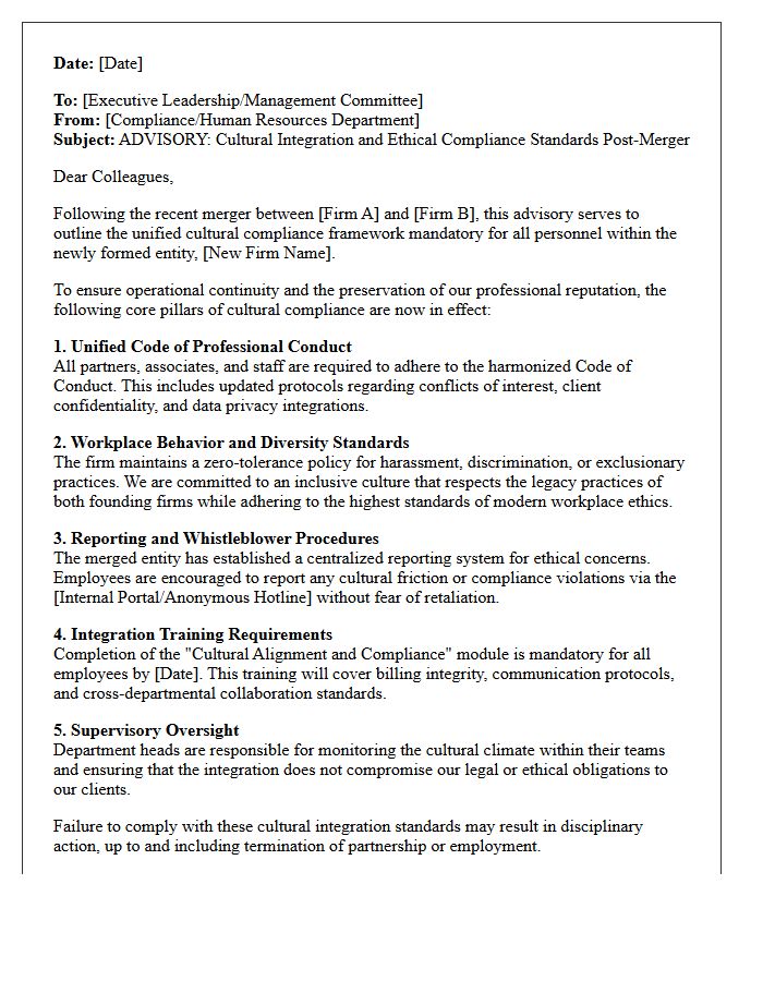 Law Firm Post-Merger Cultural Compliance Advisory Letter