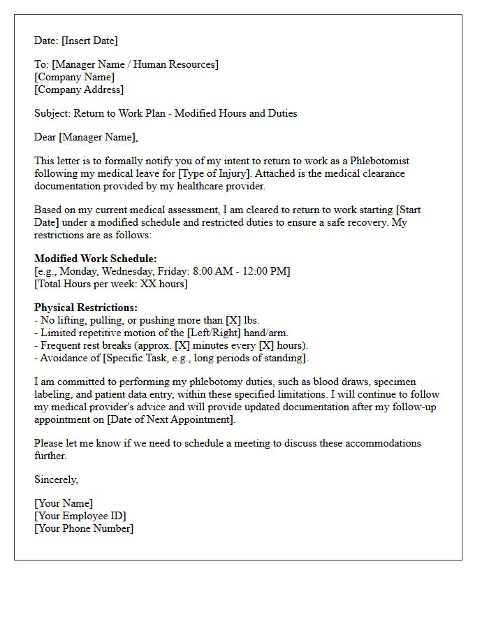 Phlebotomist Post-Injury Modified Hours Return to Work Letter