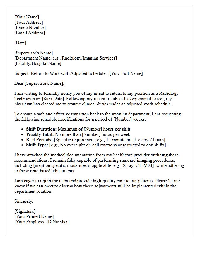 Radiology Technician Adjusted Schedule Return to Work Letter