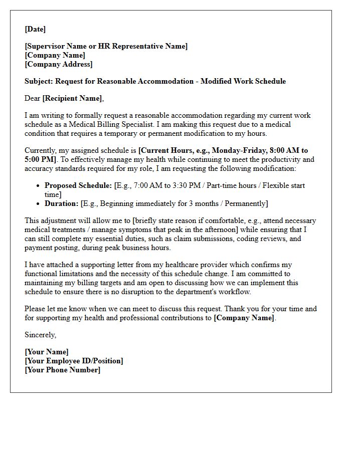 Medical Billing Specialist Modified Hours Accommodation Letter
