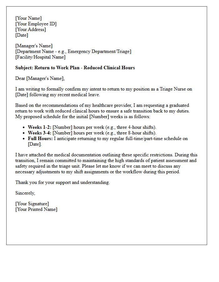 Triage Nurse Reduced Clinical Hours Return to Work Letter