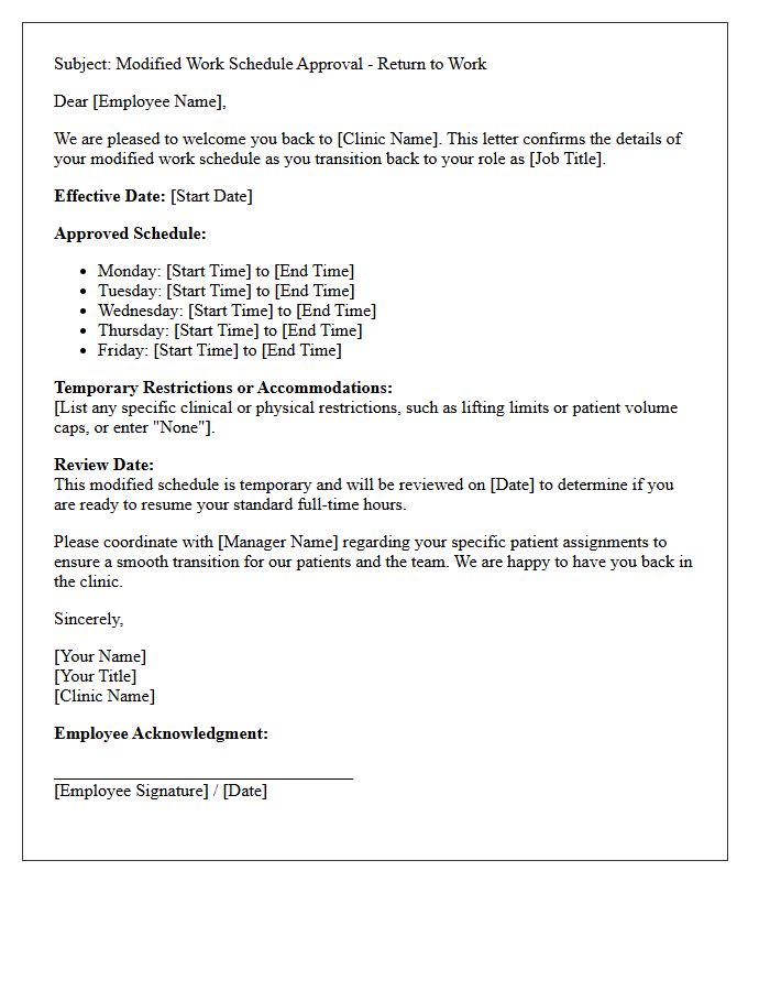 Pediatric Clinic Staff Modified Schedule Return to Work Letter