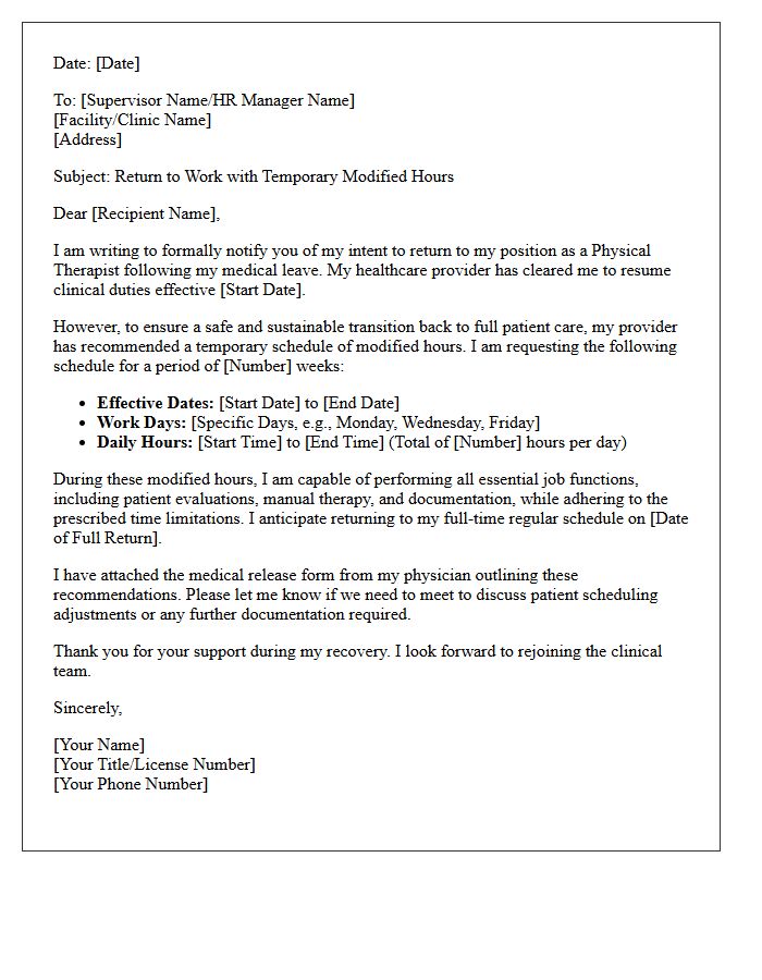 Physical Therapist Temporary Modified Hours Return to Work Letter