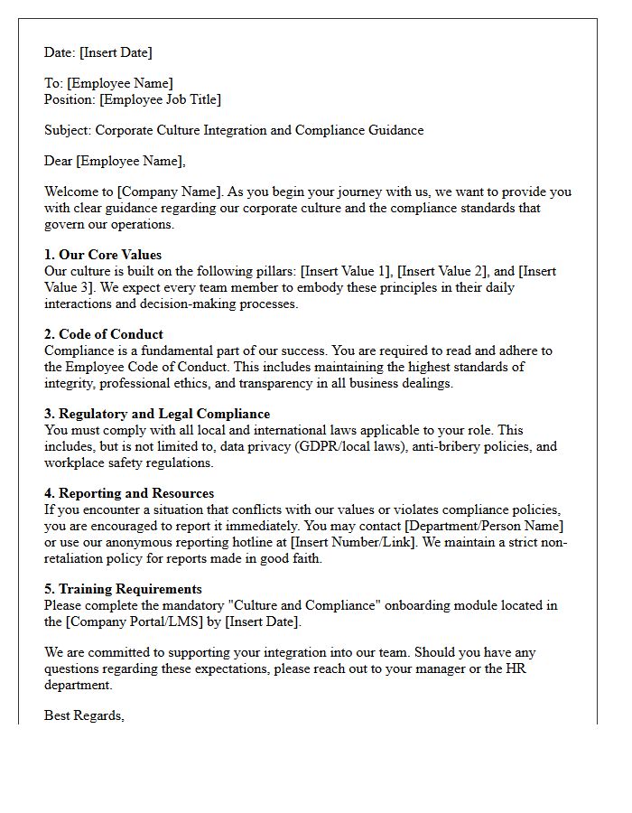 Corporate Culture Integration And Compliance Guidance Letter