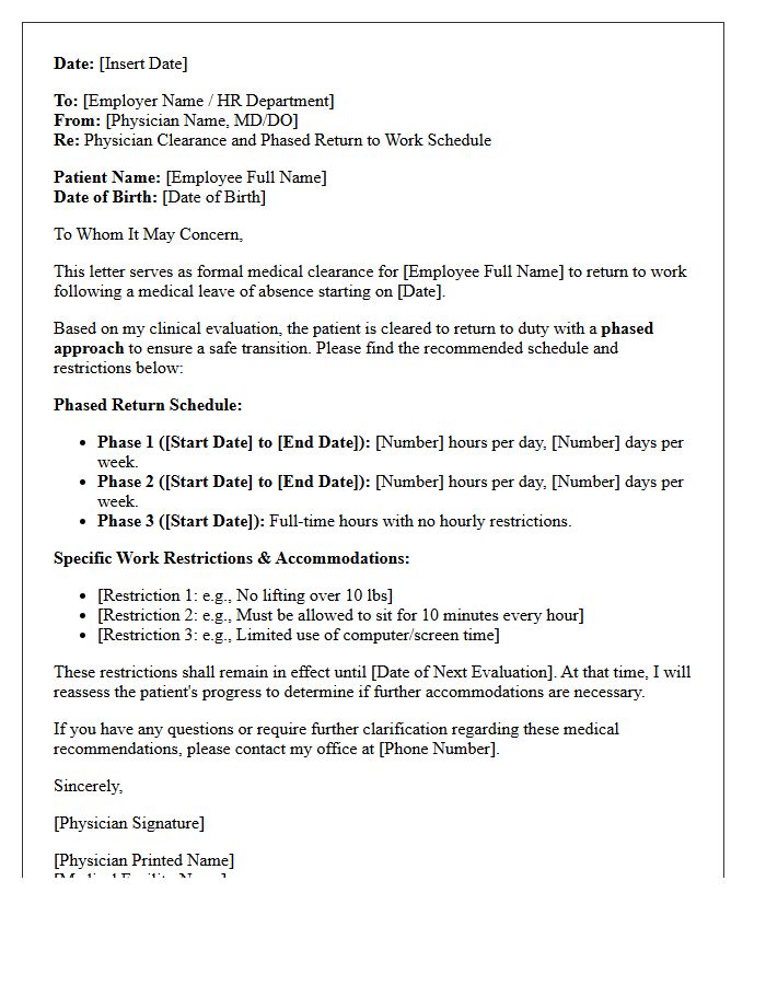 Physician Clearance and Phased Return to Work Schedule Letter
