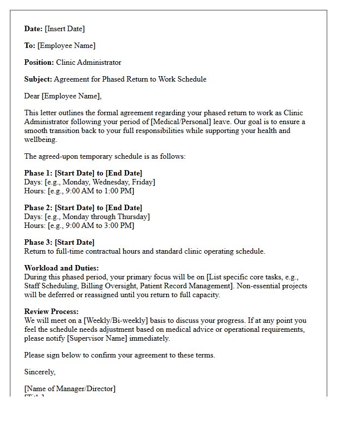 Clinic Administrator Phased Return to Work Schedule Agreement Letter