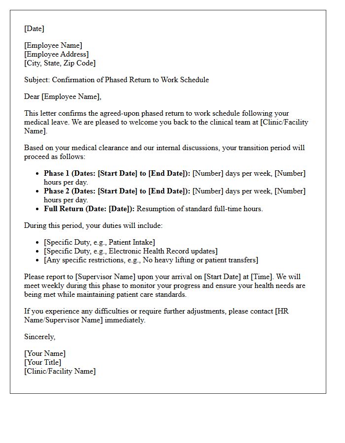 Medical Assistant Phased Return to Work Schedule Confirmation Letter