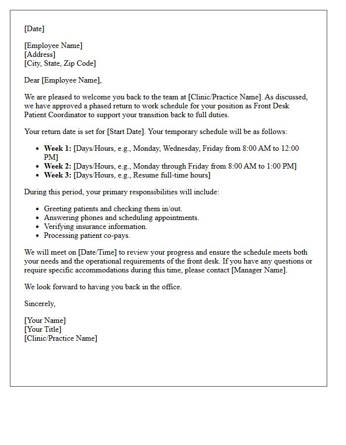 Front Desk Patient Coordinator Phased Return to Work Schedule Letter