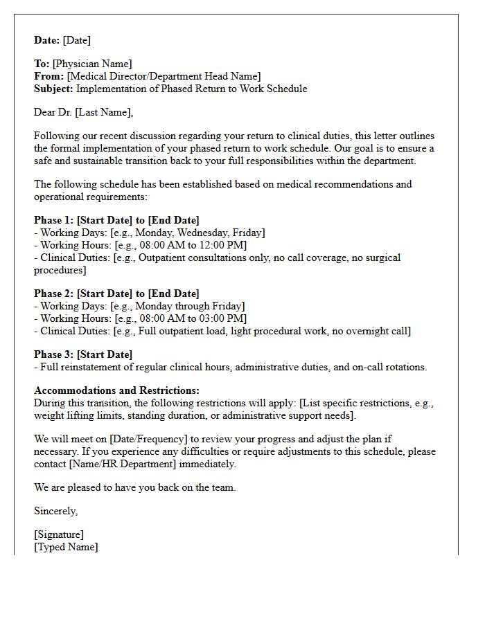 Attending Physician Phased Return to Work Schedule Implementation Letter