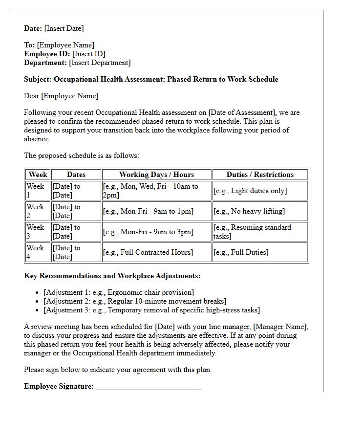 Occupational Health Phased Return to Work Schedule Assessment Letter