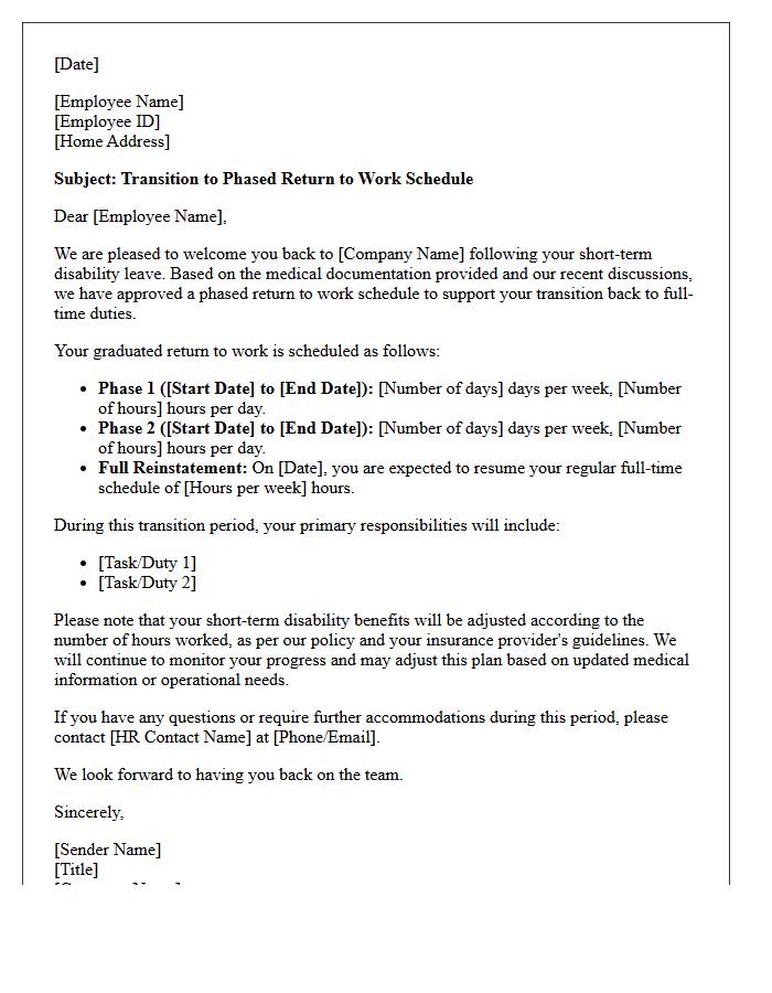Short-Term Disability Phased Return to Work Schedule Transition Letter