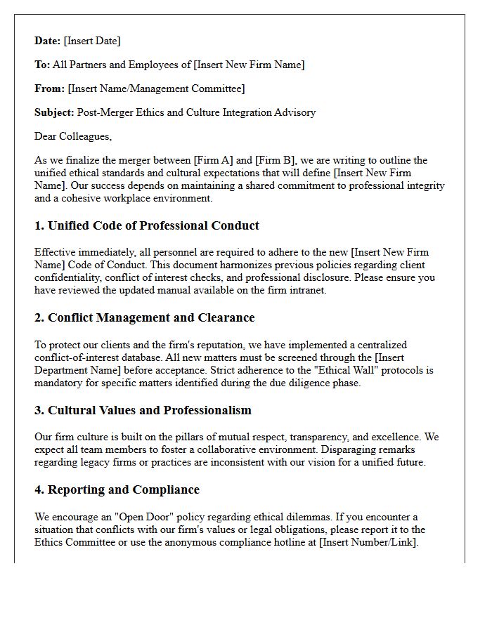 Post-Merger Law Firm Ethics And Culture Advisory Letter