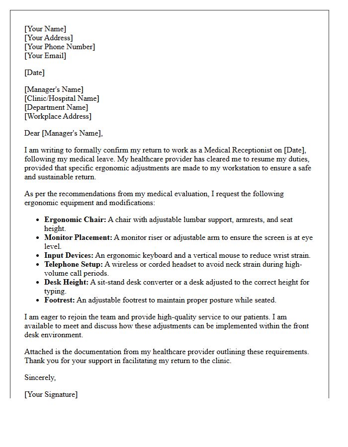 Medical Receptionist Ergonomic Workstation Return to Work Letter