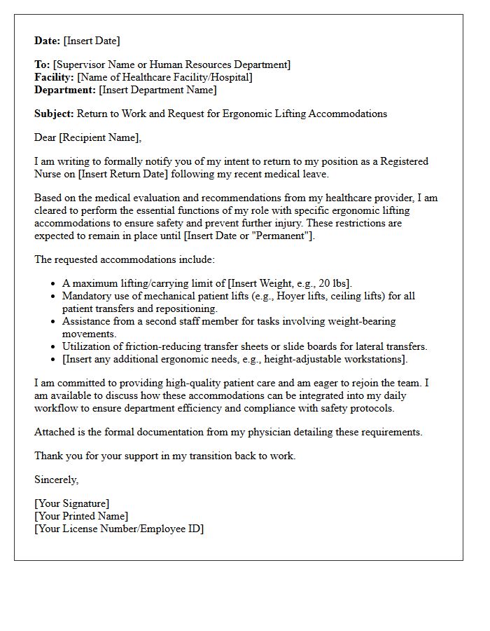 Registered Nurse Ergonomic Lifting Accommodation Return to Work Letter