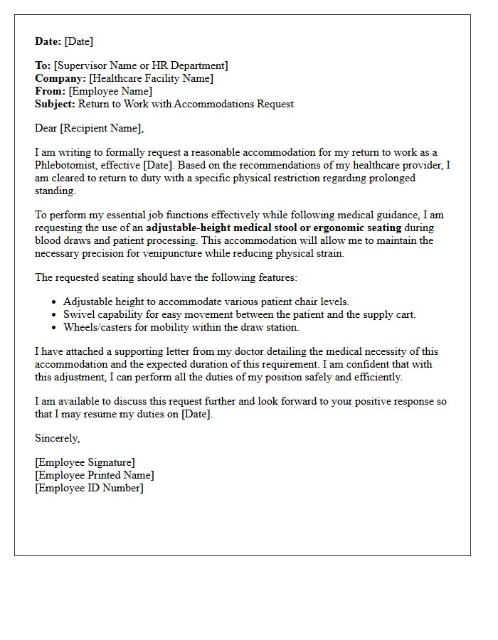 Phlebotomist Adjustable Seating Accommodation Return to Work Letter