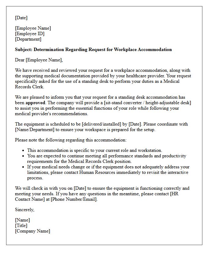 Medical Records Clerk Standing Desk Accommodation Return Letter