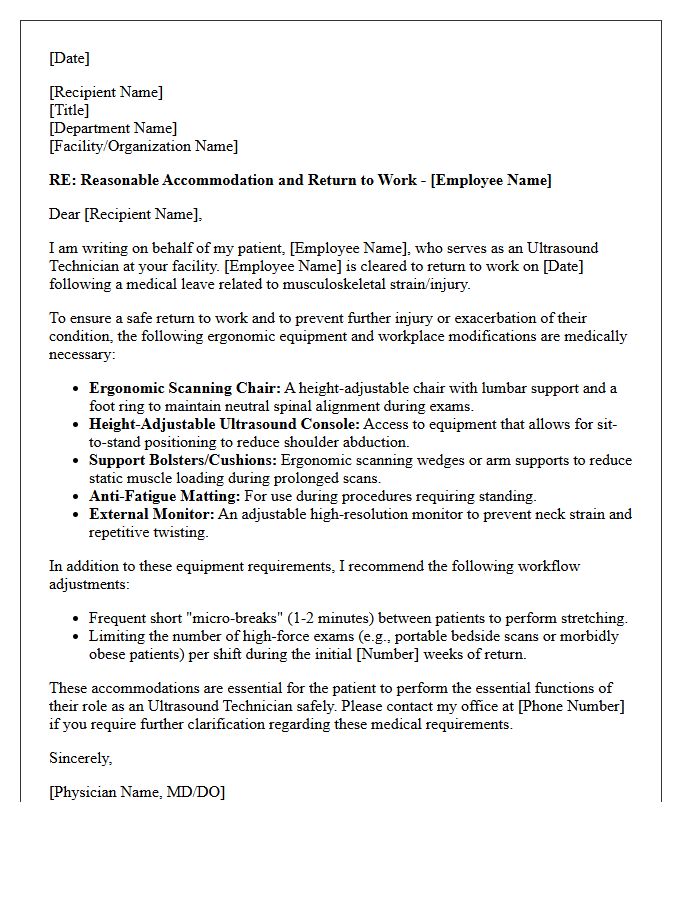 Ultrasound Technician Ergonomic Equipment Return to Work Letter