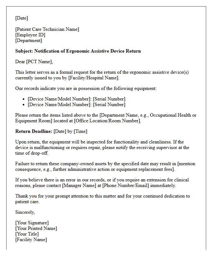 Patient Care Technician Ergonomic Assistive Device Return Letter
