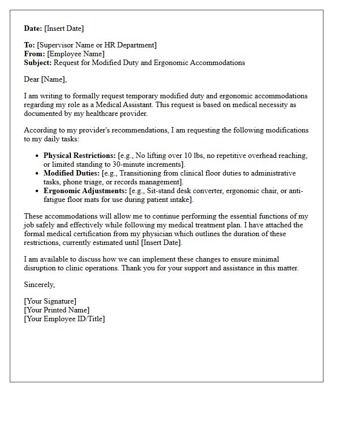Medical Assistant Modified Duty and Ergonomic Accommodation Letter