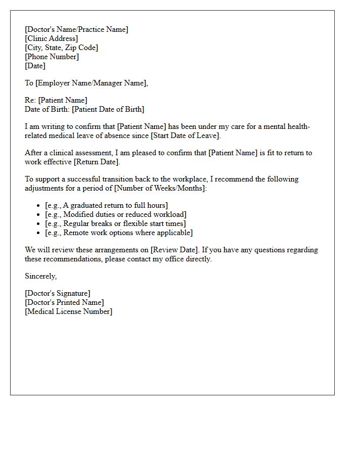 General Practitioner Return To Work Following Mental Health Leave Letter