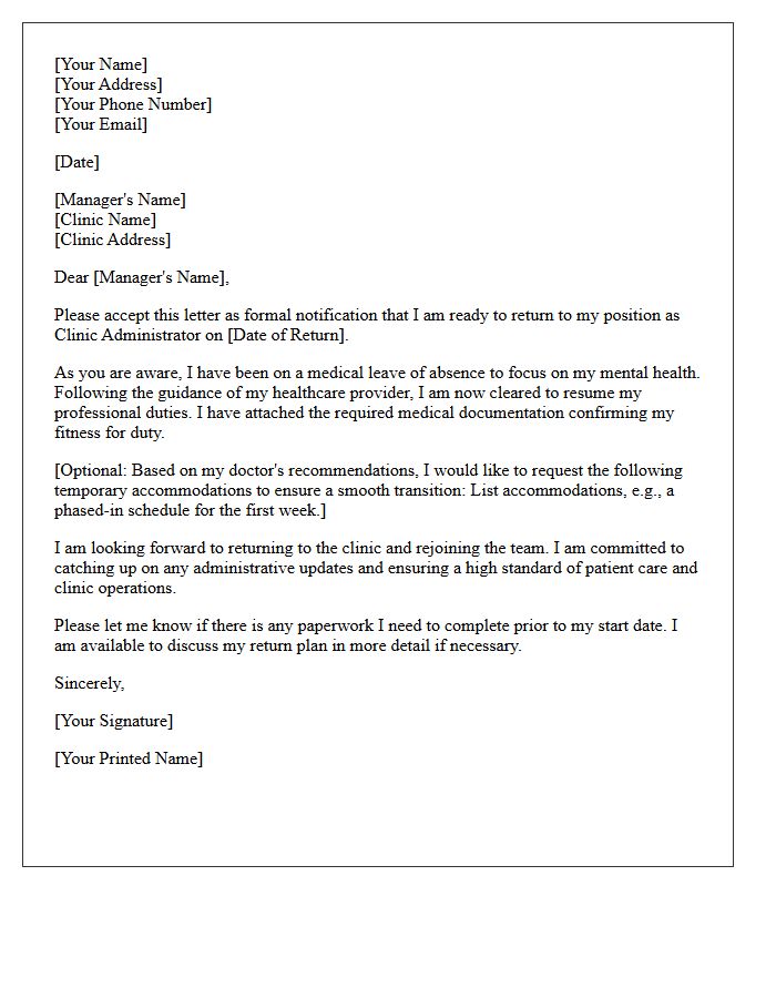 Clinic Administrator Return To Work Following Mental Health Leave Letter