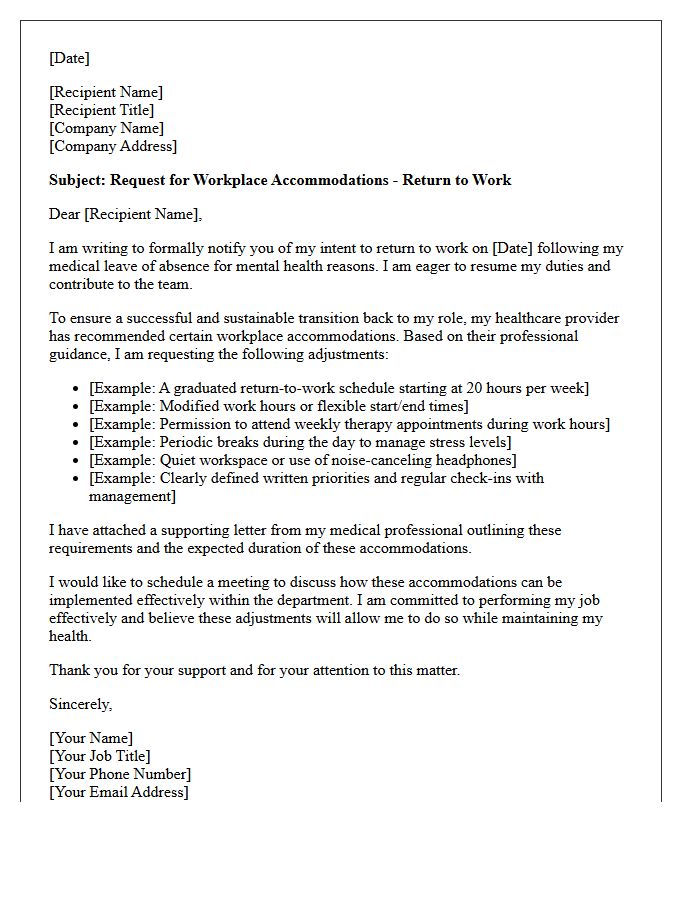 Workplace Accommodation Return To Work Following Mental Health Leave Letter