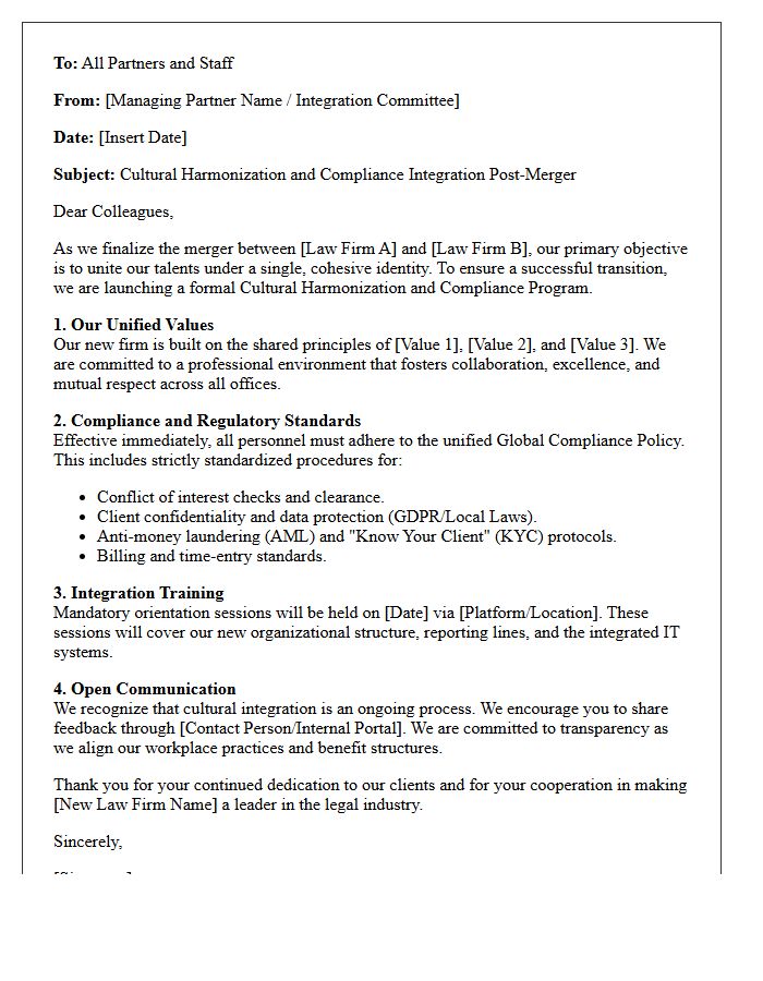 Law Firm Merger Cultural Harmonization And Compliance Letter