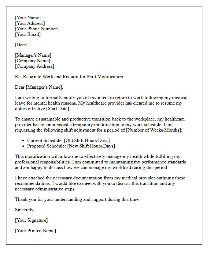 Shift Modification Return To Work Following Mental Health Leave Letter