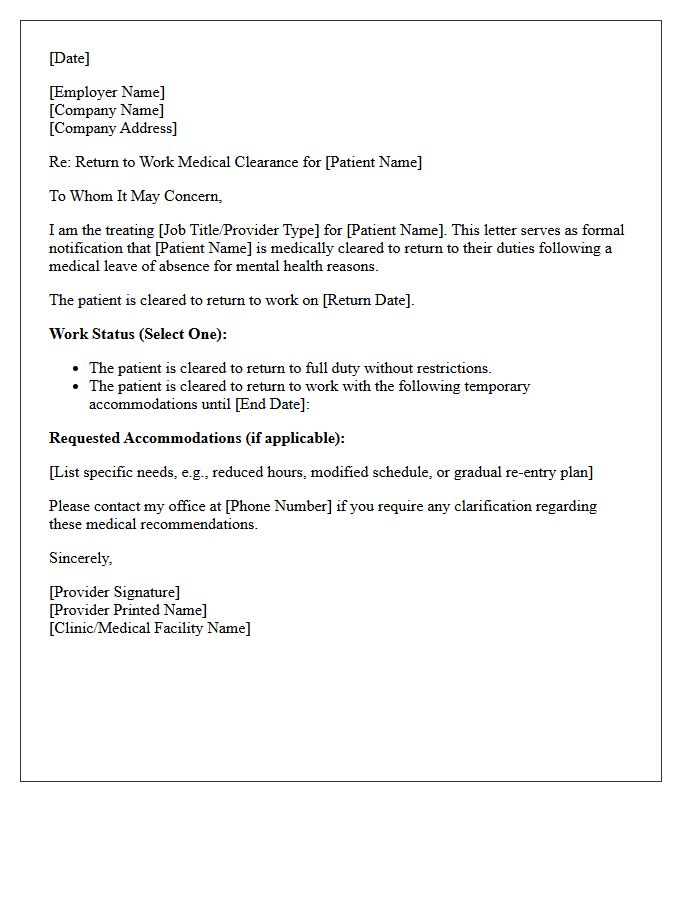 Patient Care Provider Return To Work Following Mental Health Leave Letter