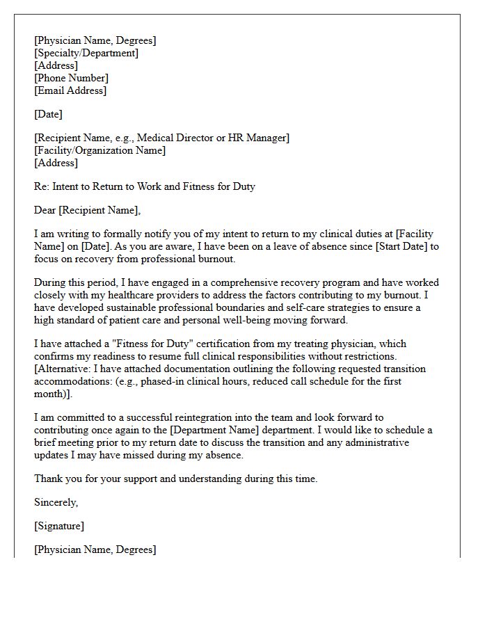 Physician Return to Work Following Burnout Recovery Letter