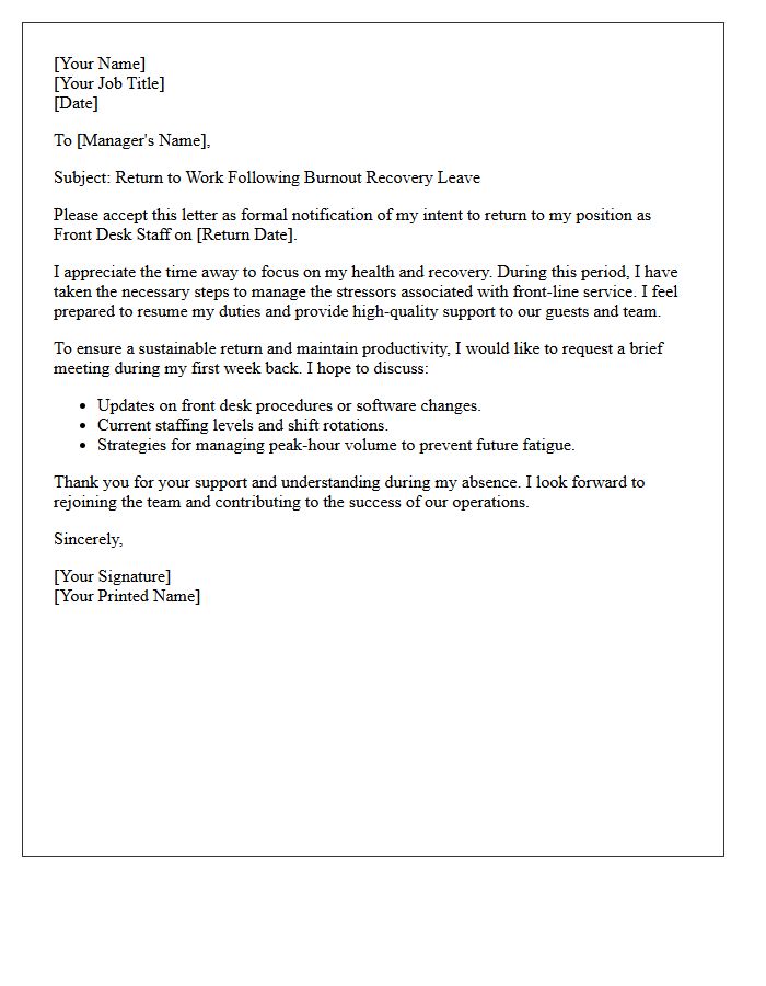 Front Desk Staff Burnout Recovery Return Letter