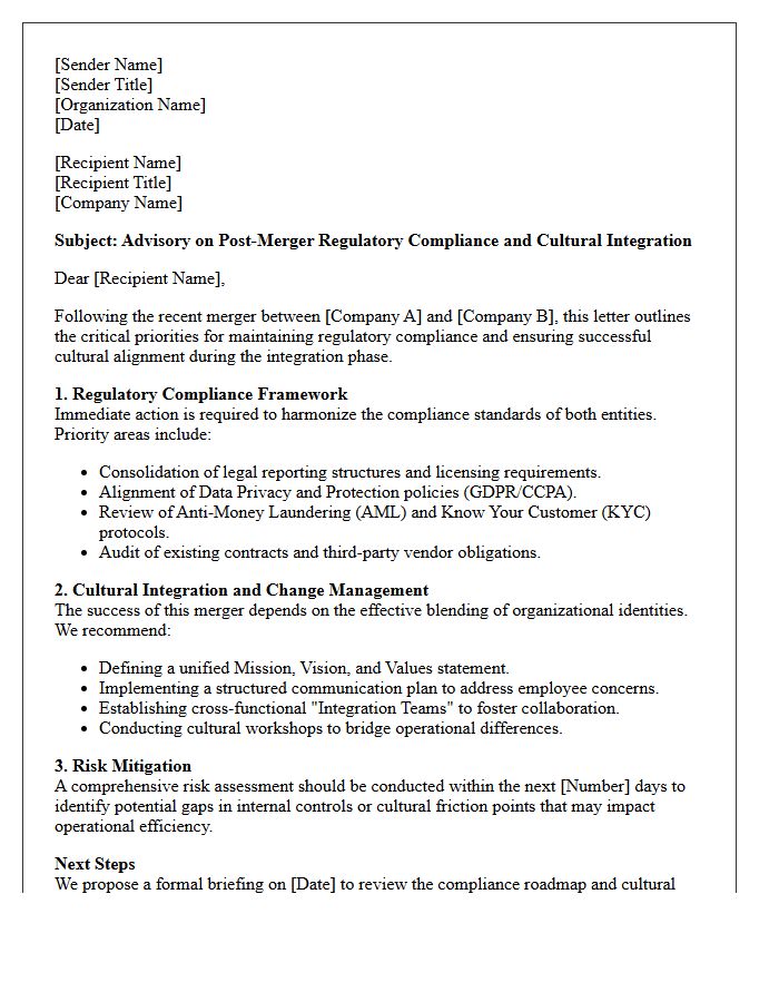 Post-Merger Regulatory Compliance And Culture Advisory Letter