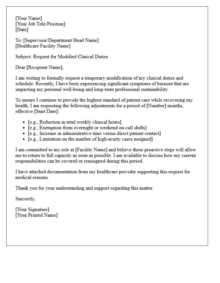 Request for Modified Clinical Duties Following Burnout Letter