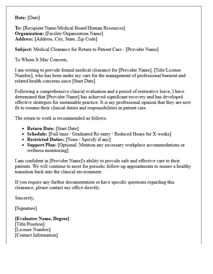 Clearance to Resume Patient Care Post-Burnout Letter