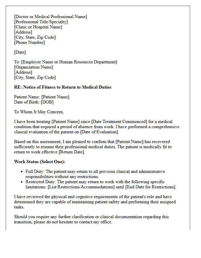 Notice of Fitness to Return to Medical Duties Letter