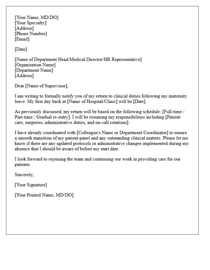 Physician Return to Work Following Maternity Leave Letter