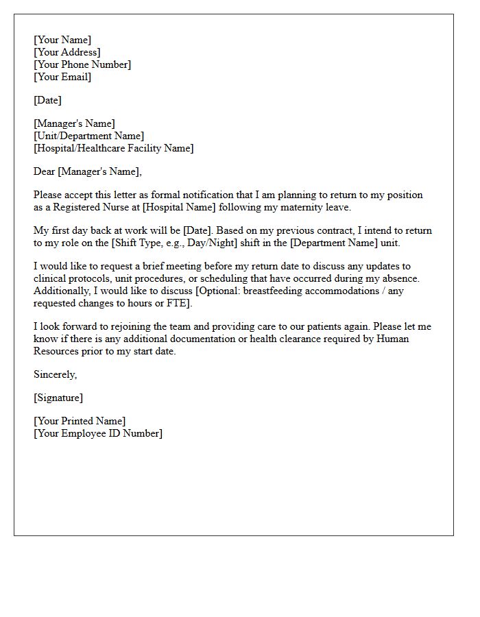 Registered Nurse Return to Work Following Maternity Leave Letter