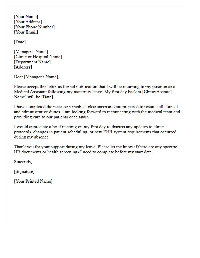 Medical Assistant Return to Work Following Maternity Leave Letter