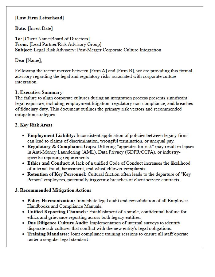 Law Firm Integration Corporate Culture Risk Advisory Letter